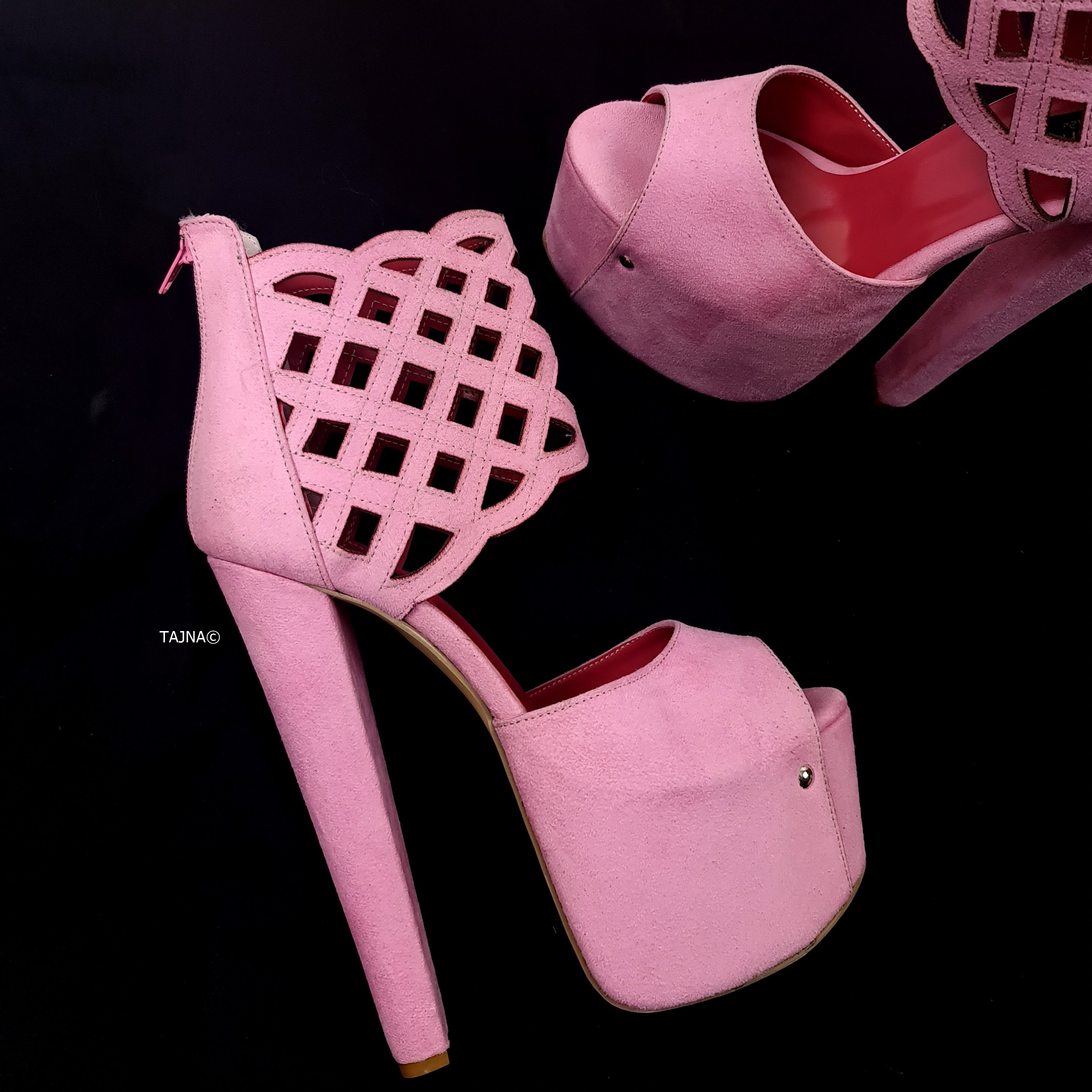 Ankle Cut Laser Detail Pink Suede Chunky High Heels