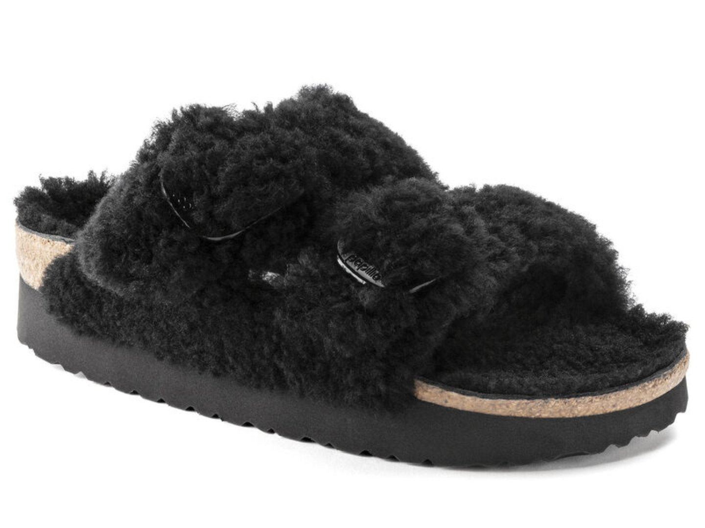 Birkenstock: Arizona Platform Big Buckle in Teddy Black Shearling