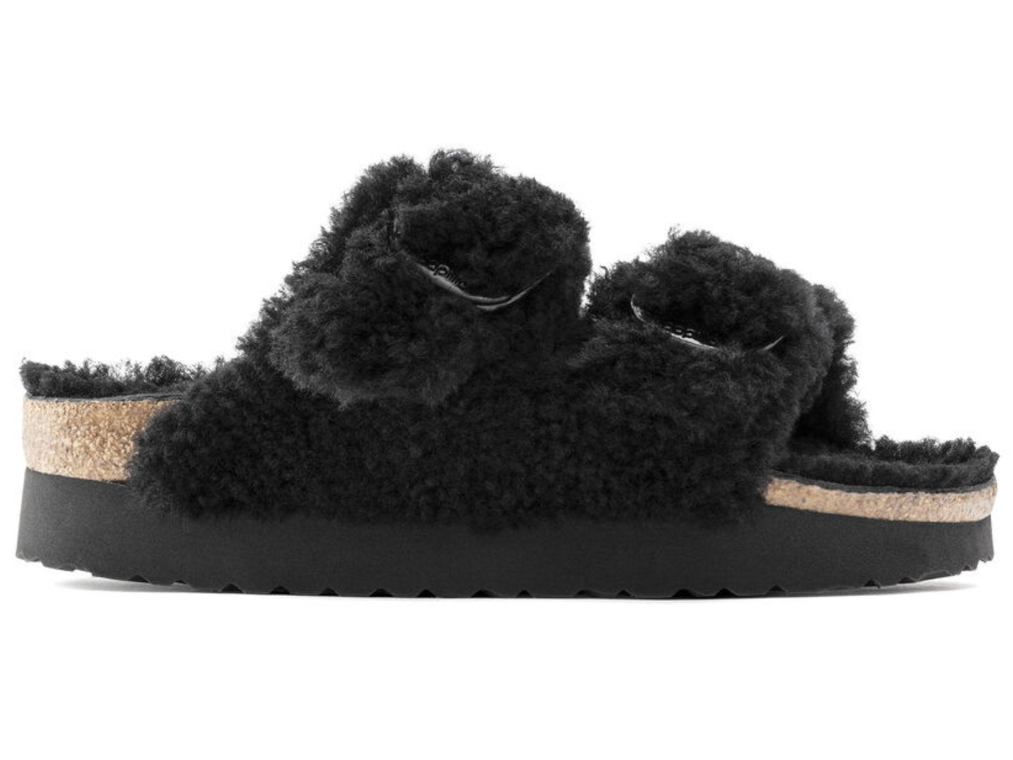 Birkenstock: Arizona Platform Big Buckle in Teddy Black Shearling