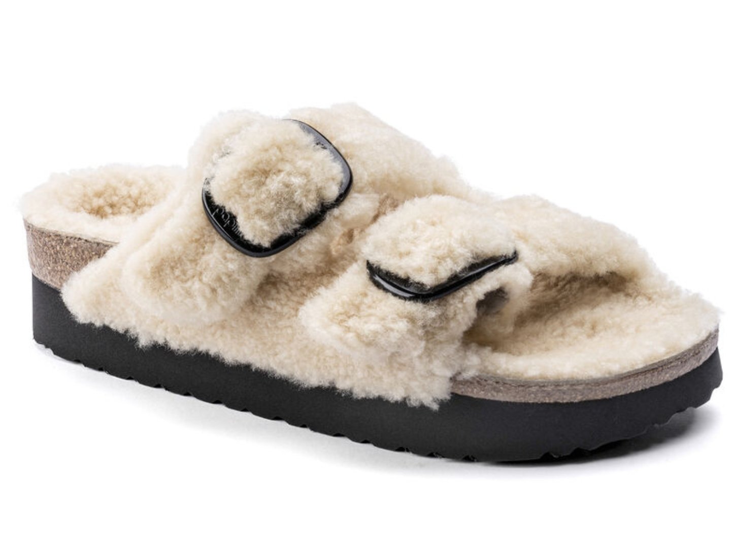 Birkenstock: Arizona Platform Big Buckle in Teddy Eggshell Shearling