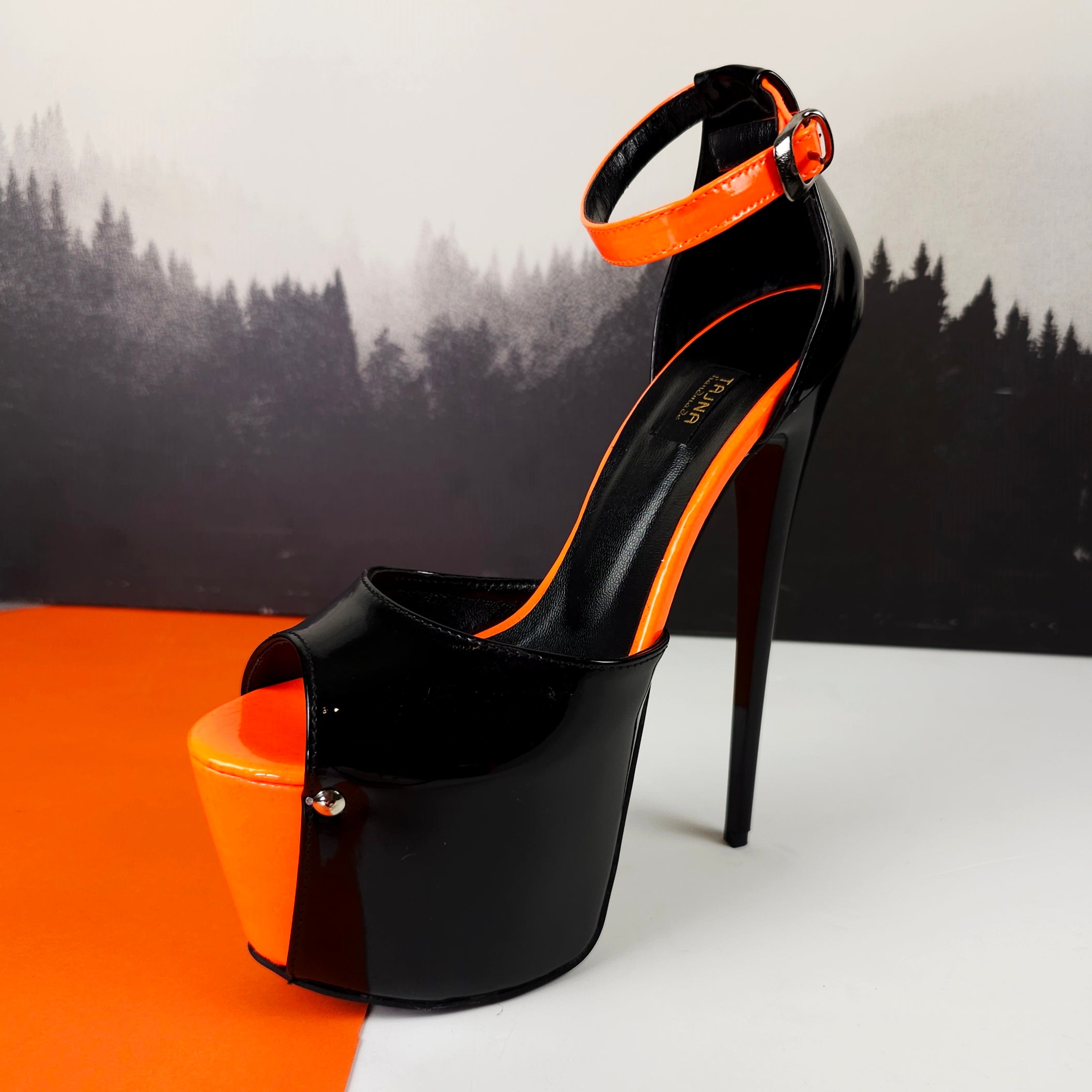 Black Gloss Orange Detail Ankle Strap High Heels