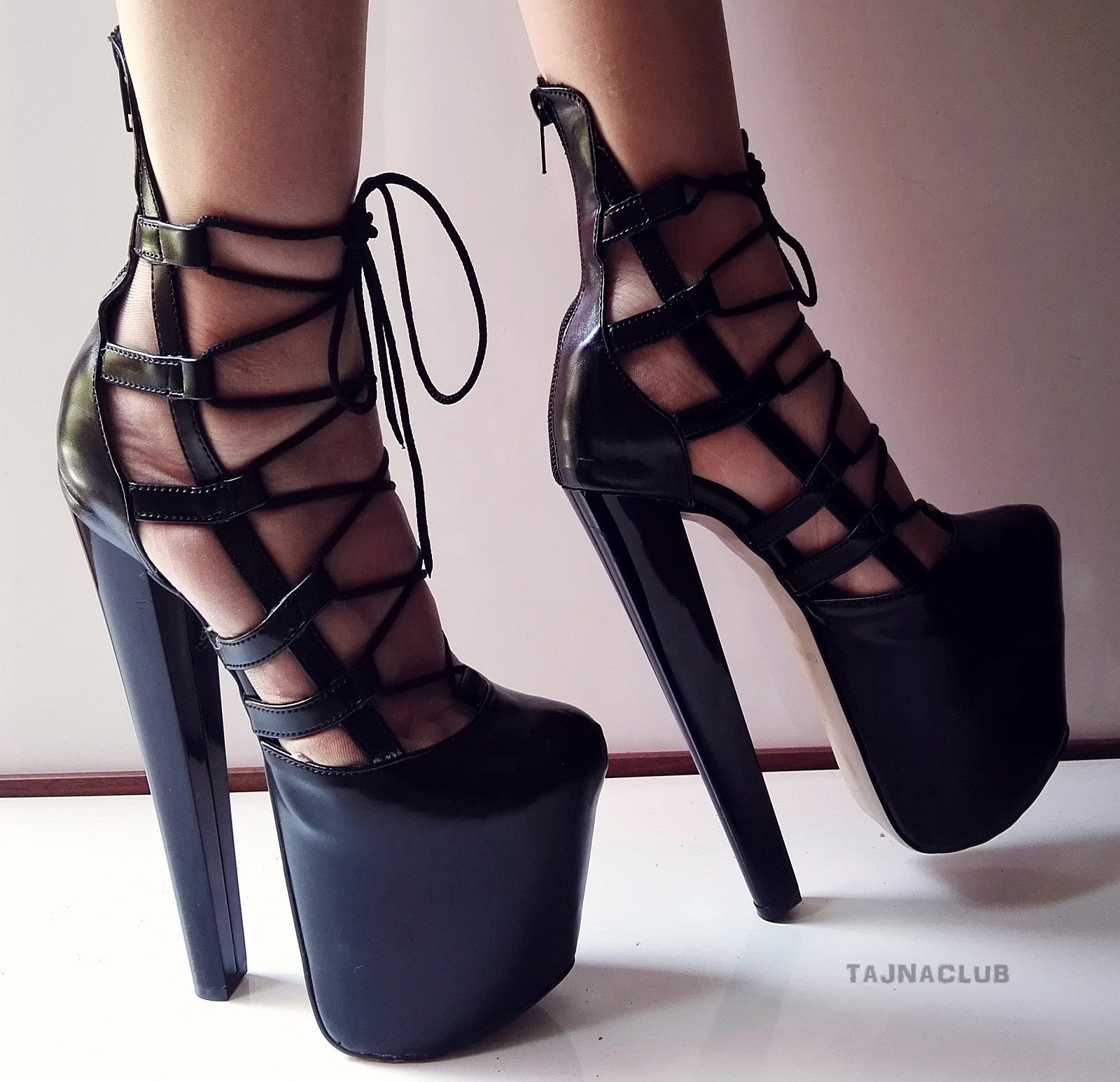 Black Lace Up Caged Platform High Heels