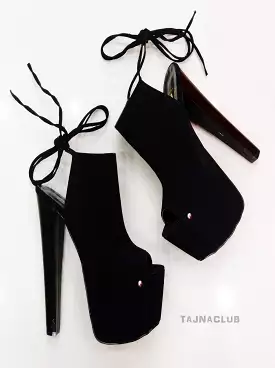 Black Suede Lace up Peep Toe Platform High Heels