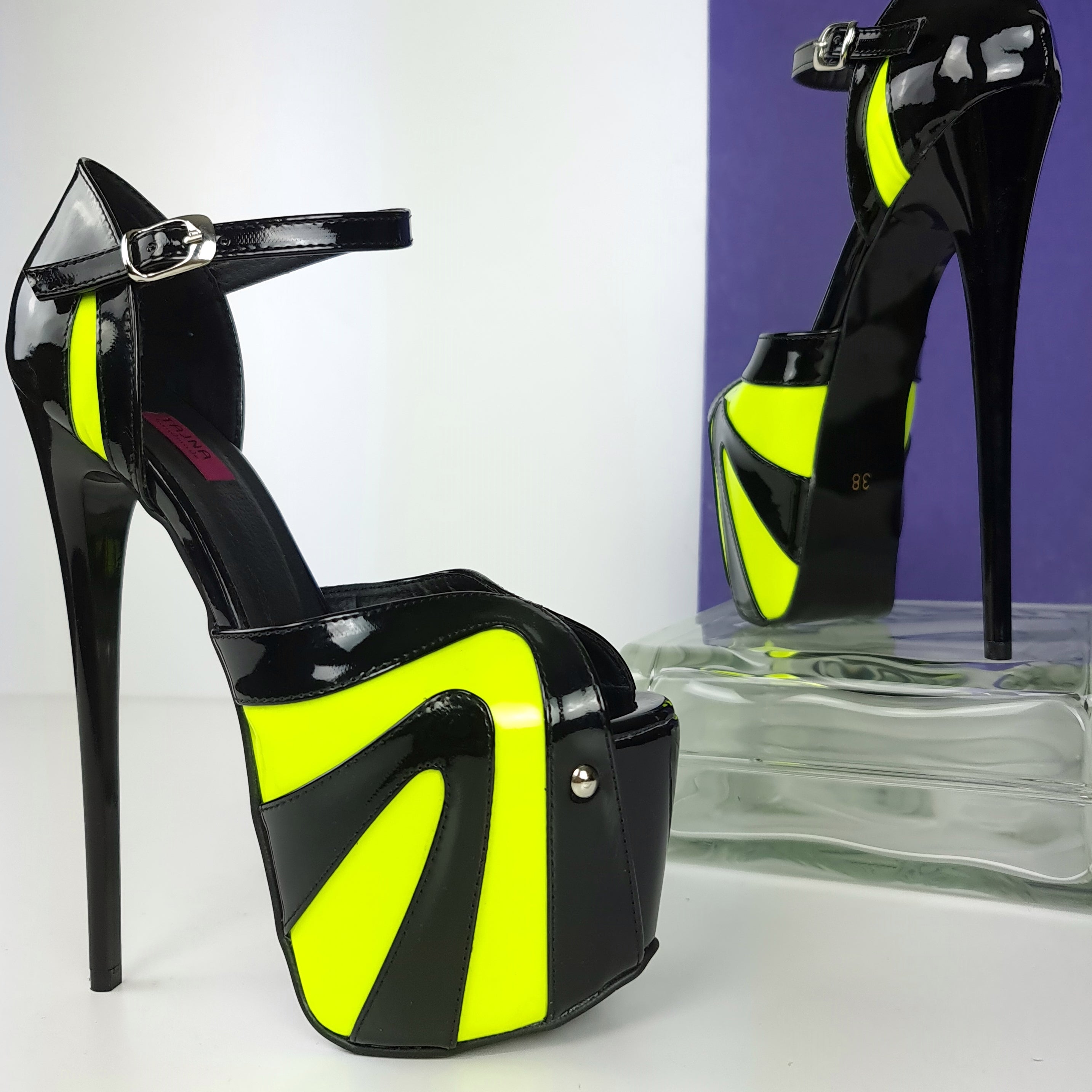 Black Yellow Neon Ankle Strap High Heels