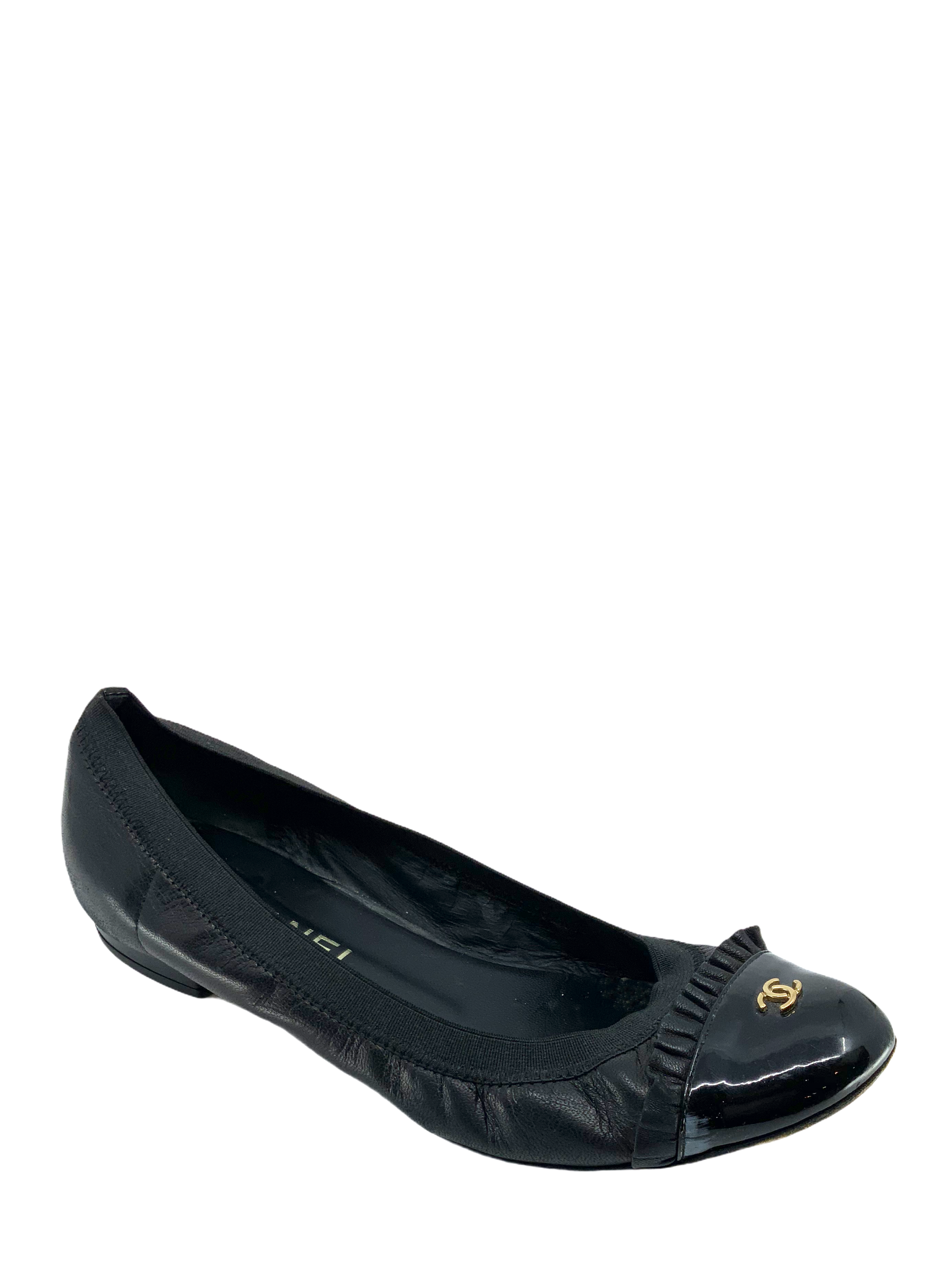 Chanel Leather and Patent Elastic Cap-Toe Spirit Flats Size 7