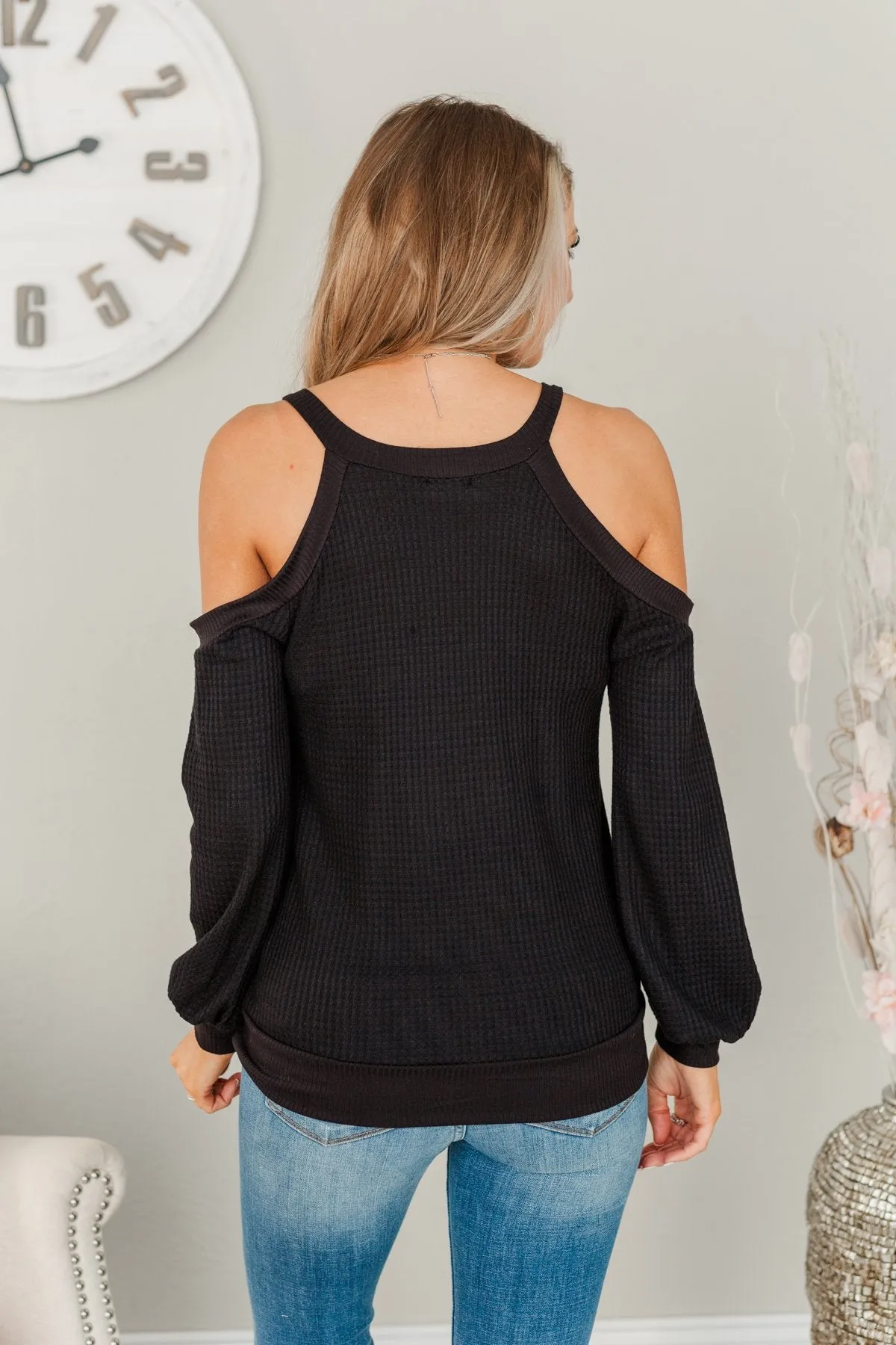 Cherish Every Moment Cold Shoulder Knit Top- Black