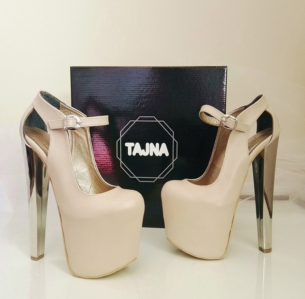 Cream Platform Ankle Strap Silver  High Heels