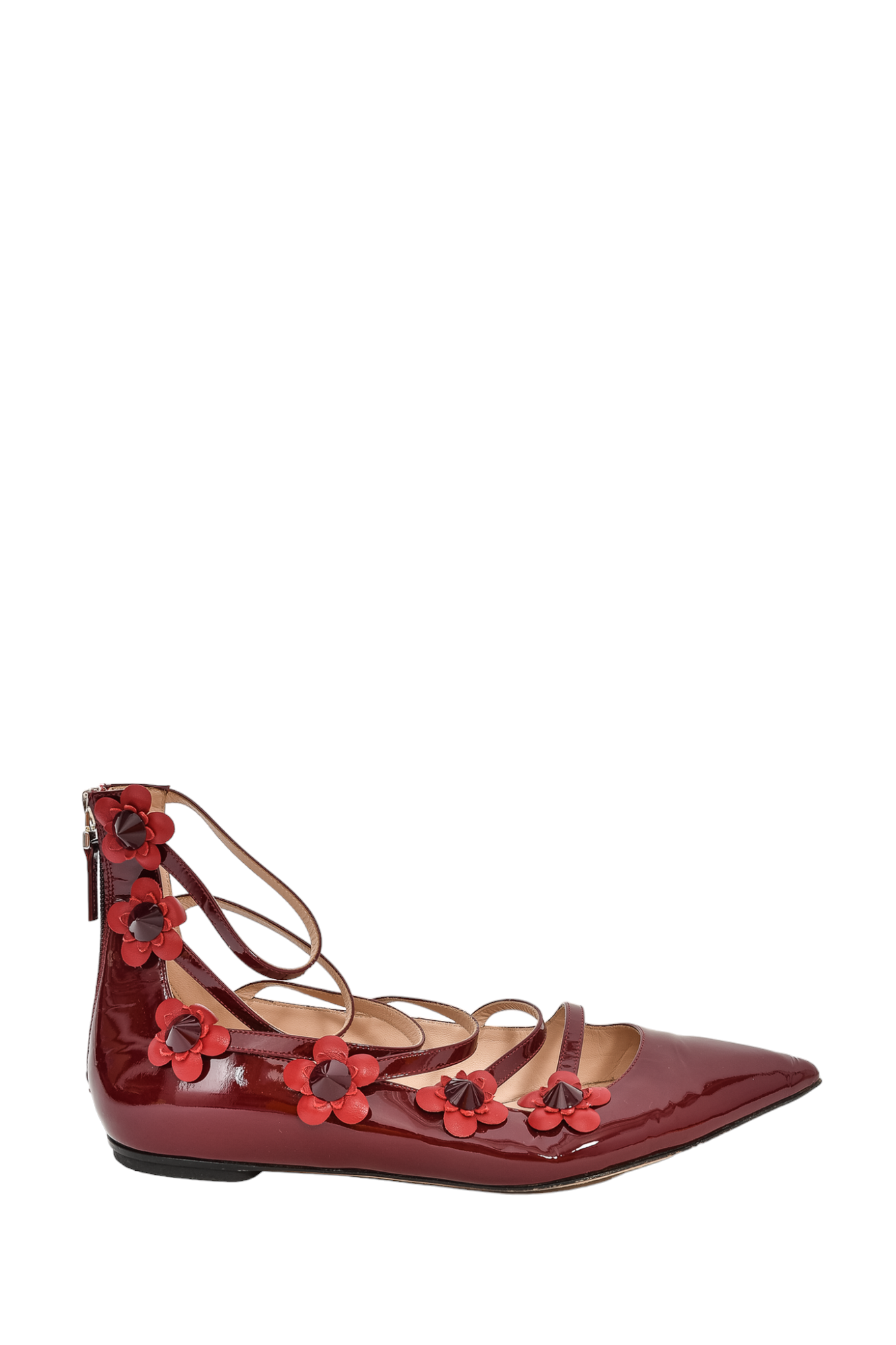 Fendi Burgundy Patent Leather Flower Embellished Strappy Flats sz 40