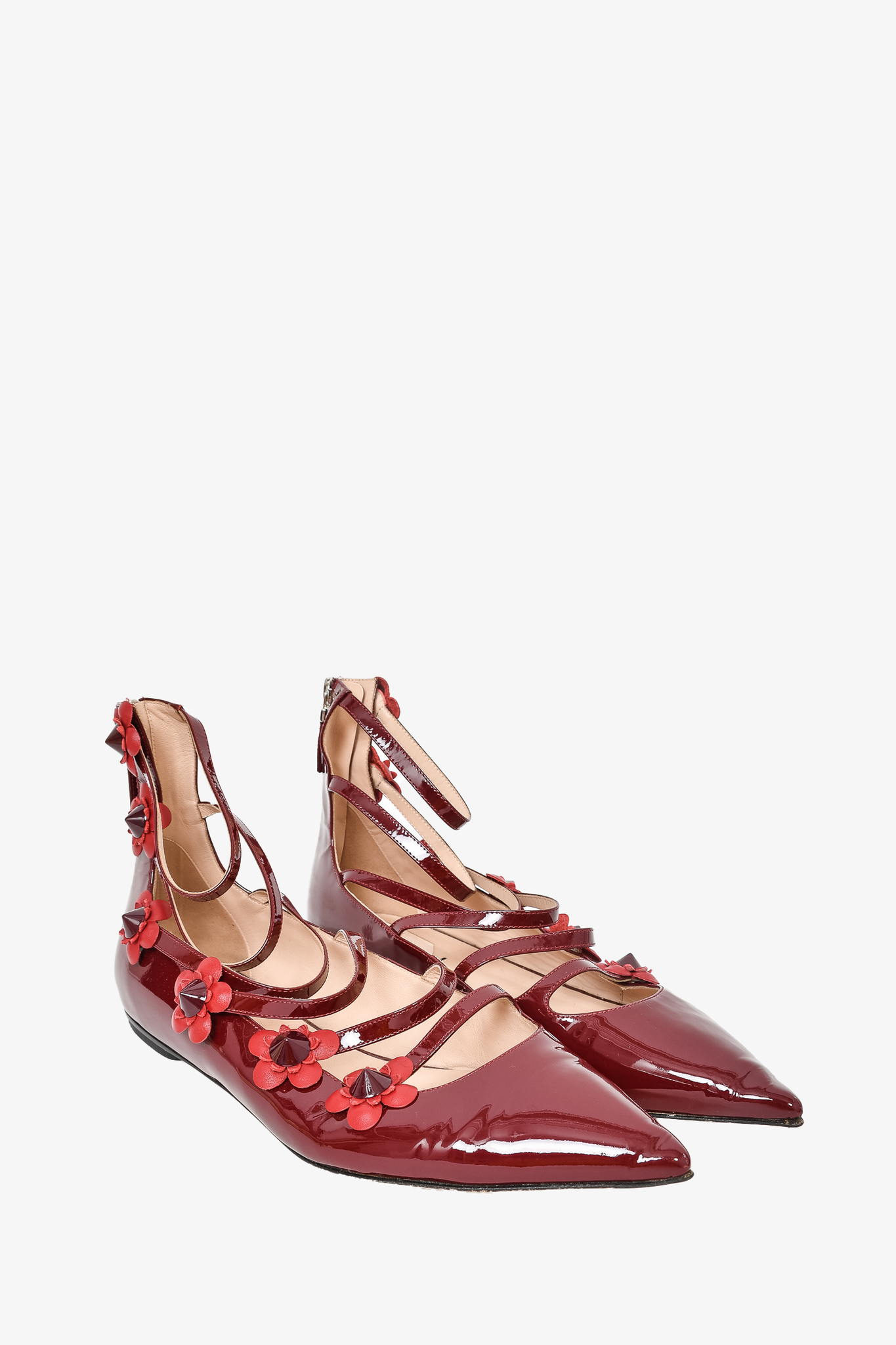 Fendi Burgundy Patent Leather Flower Embellished Strappy Flats sz 40