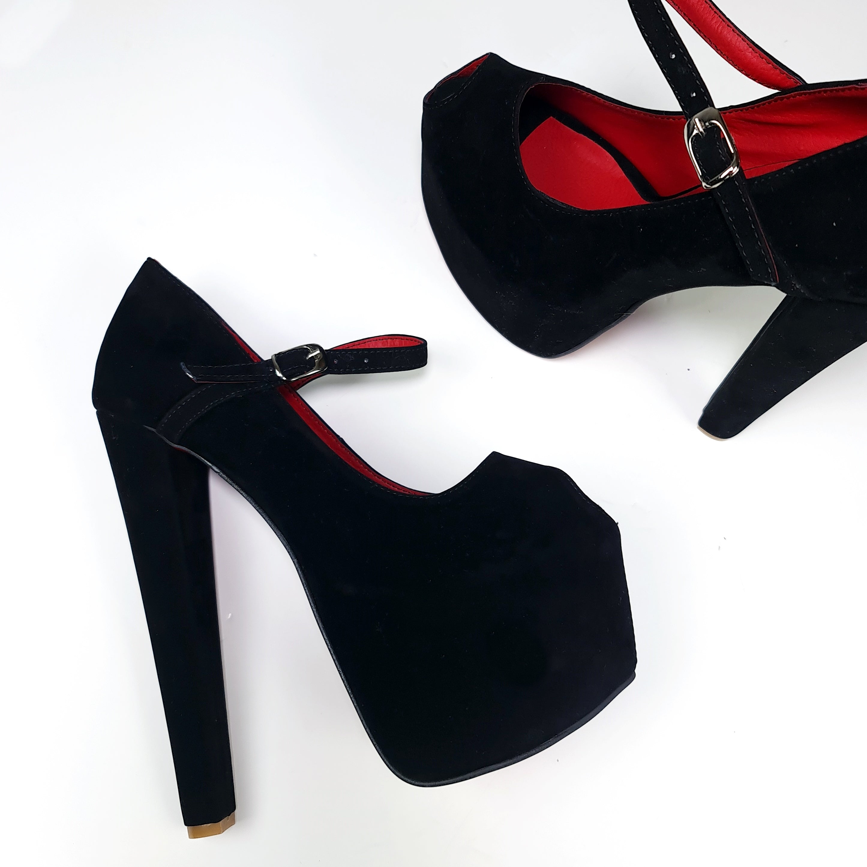 Fishmouth Mary Jane Black Suede Chunky High Heels