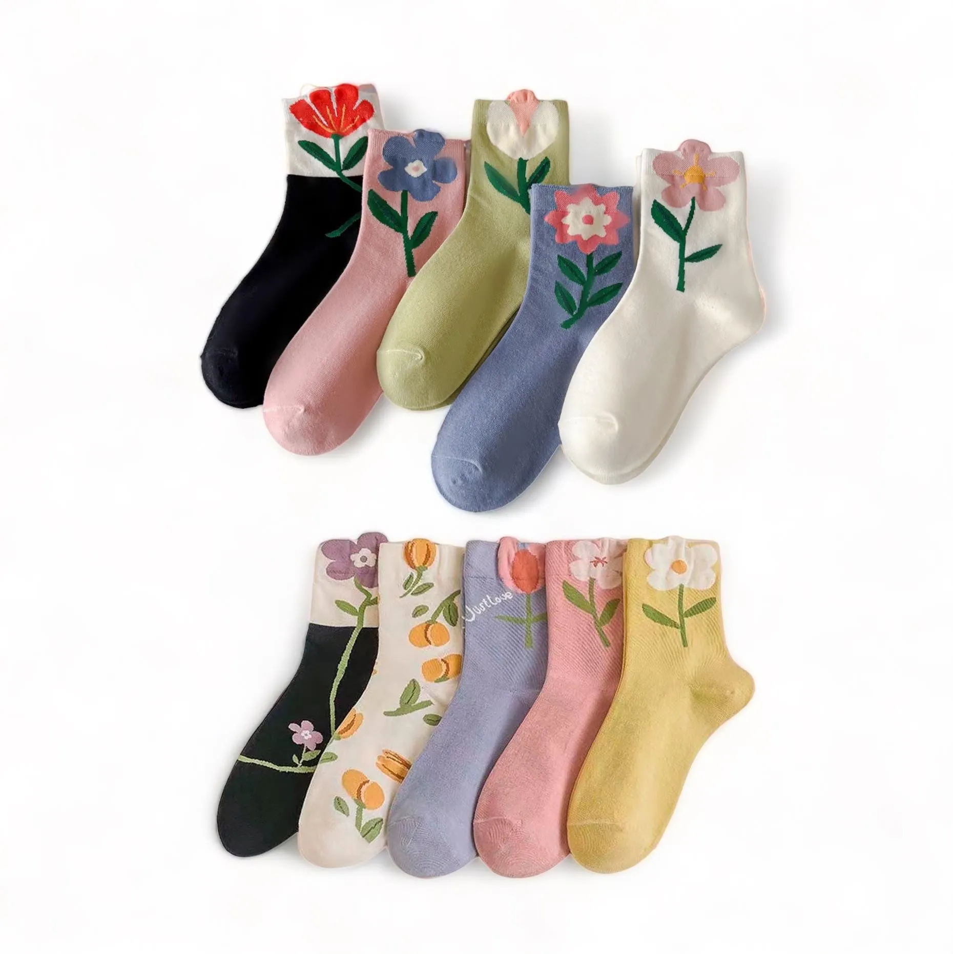 FOOTSIES 5pairs Set Floral Pattern Crew Socks