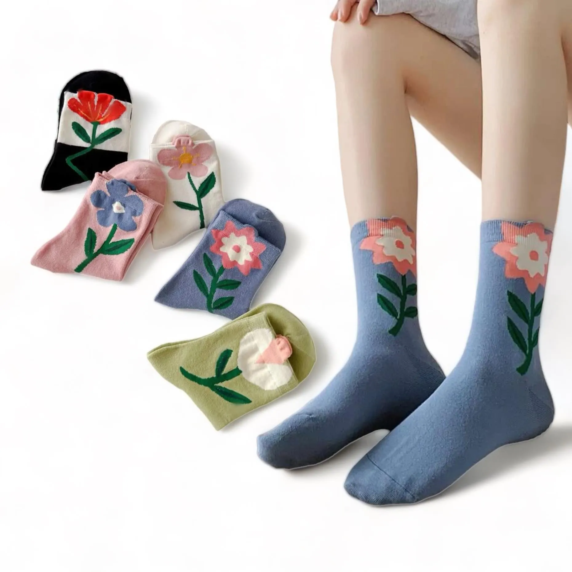 FOOTSIES 5pairs Set Floral Pattern Crew Socks