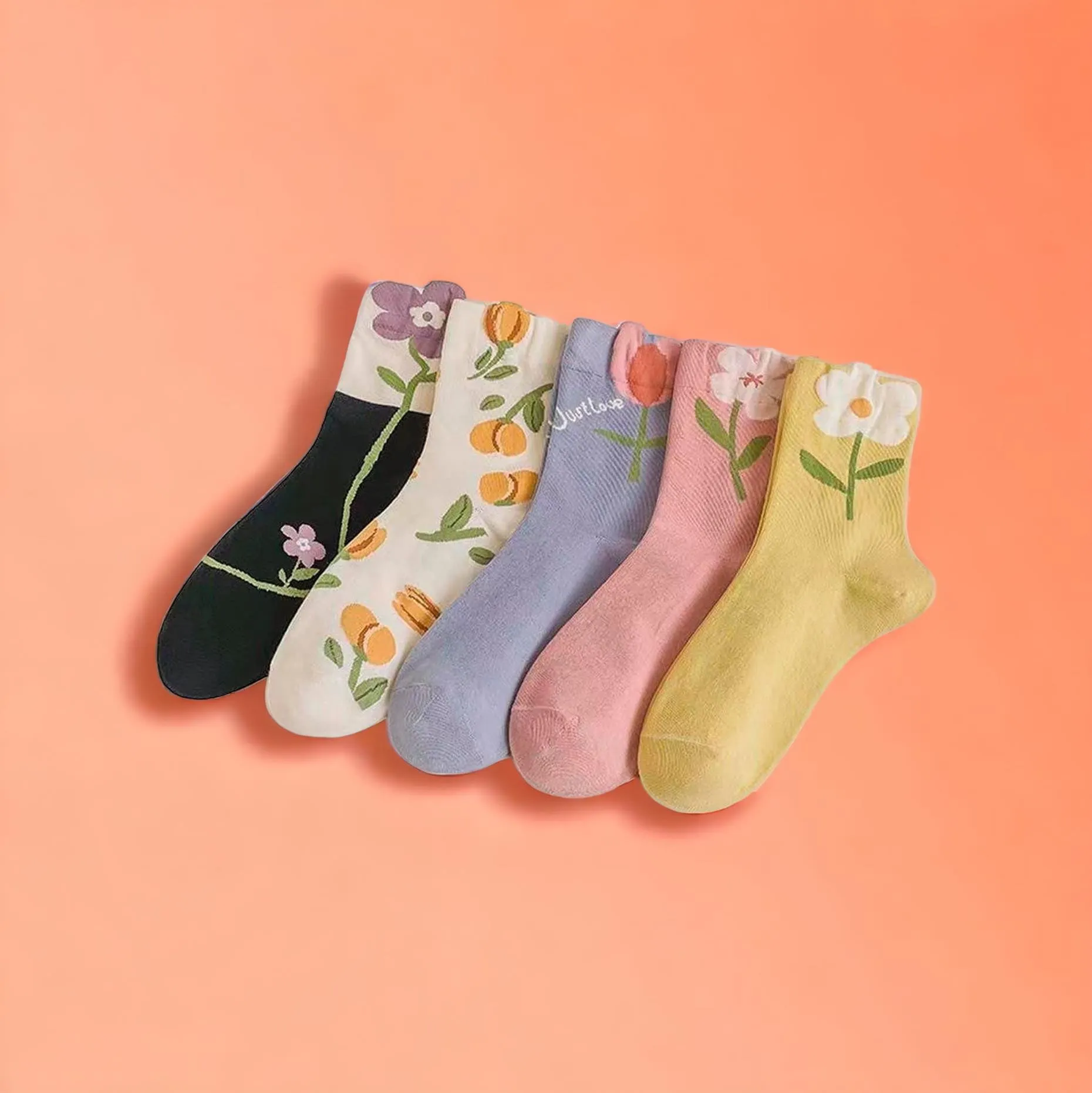 FOOTSIES 5pairs Set Floral Pattern Crew Socks