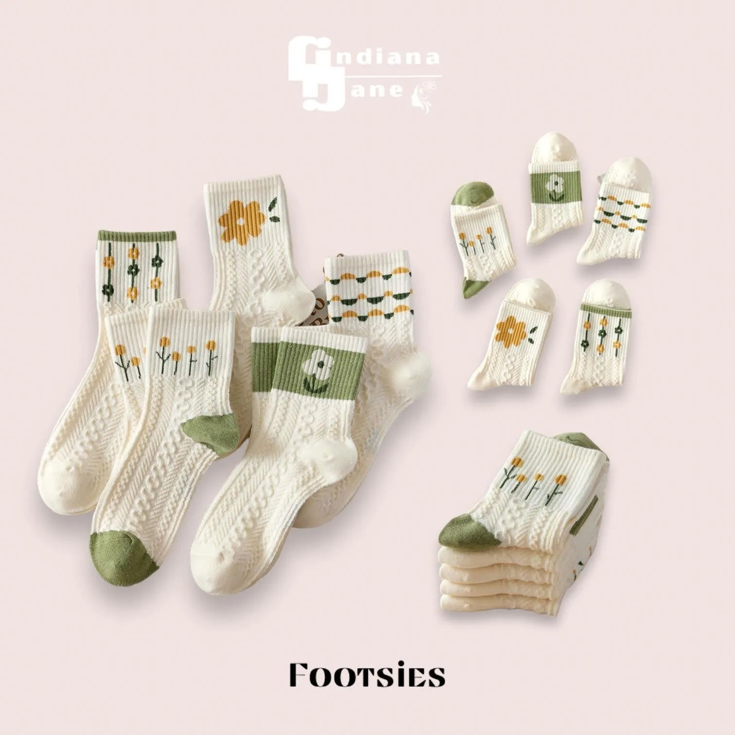 FOOTSIES 5pairs Set Floral Pattern Crew Socks