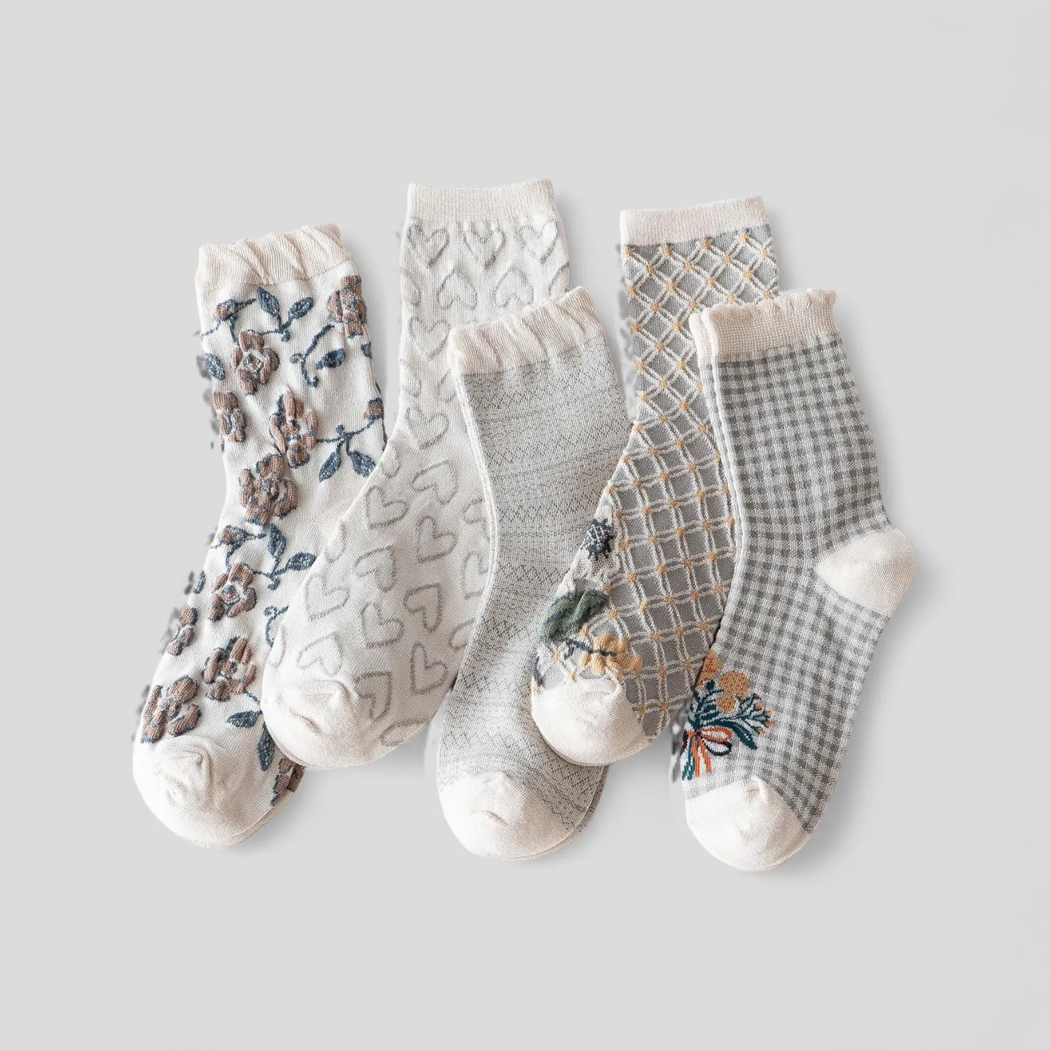 FOOTSIES 5pairs Set Floral Pattern Crew Socks