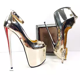 Gold Mirror Ankle Strap Peep Toe High Heels