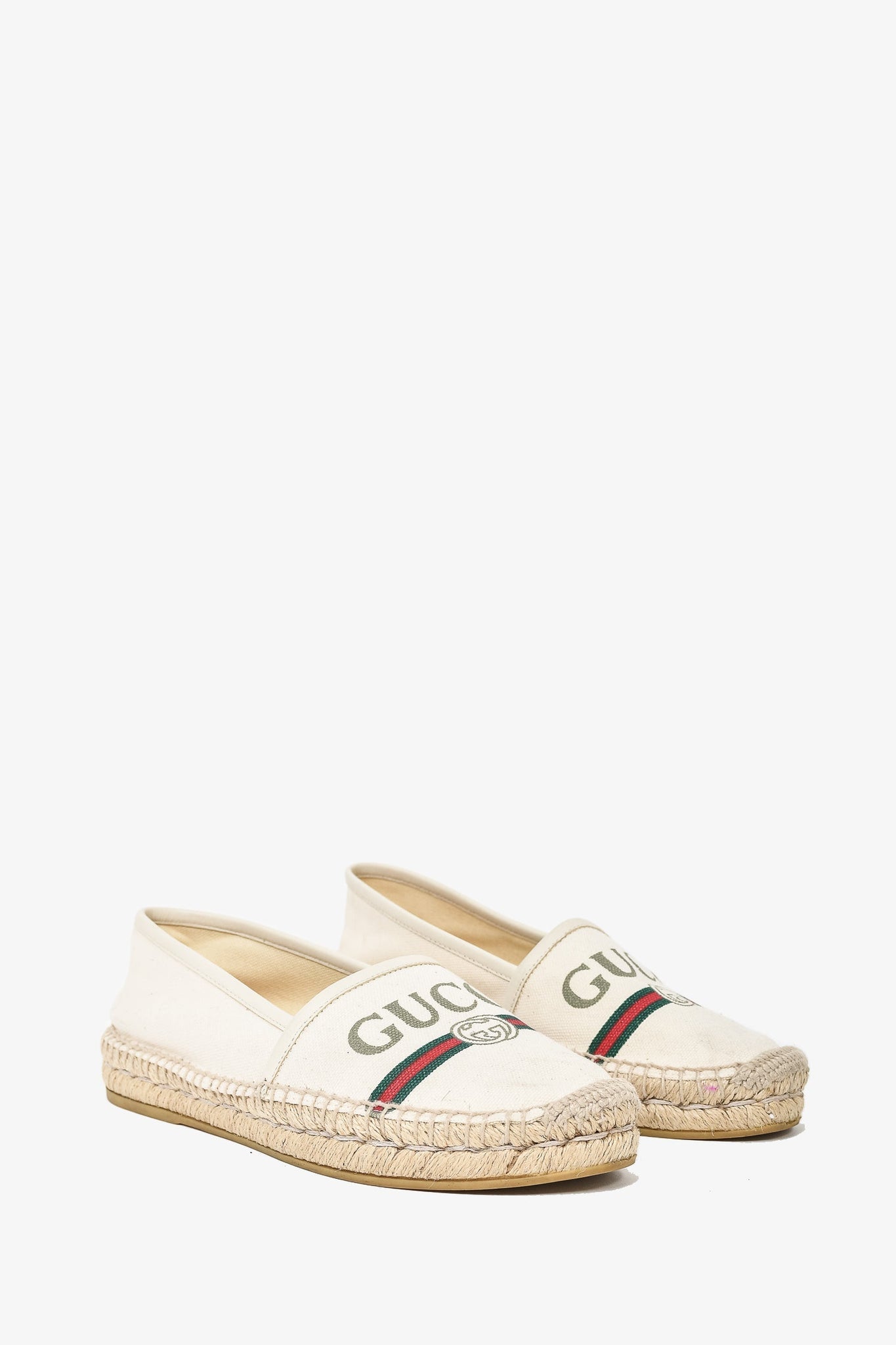 Gucci Cream Canvas Web Logo Espadrille Flats sz 35.5