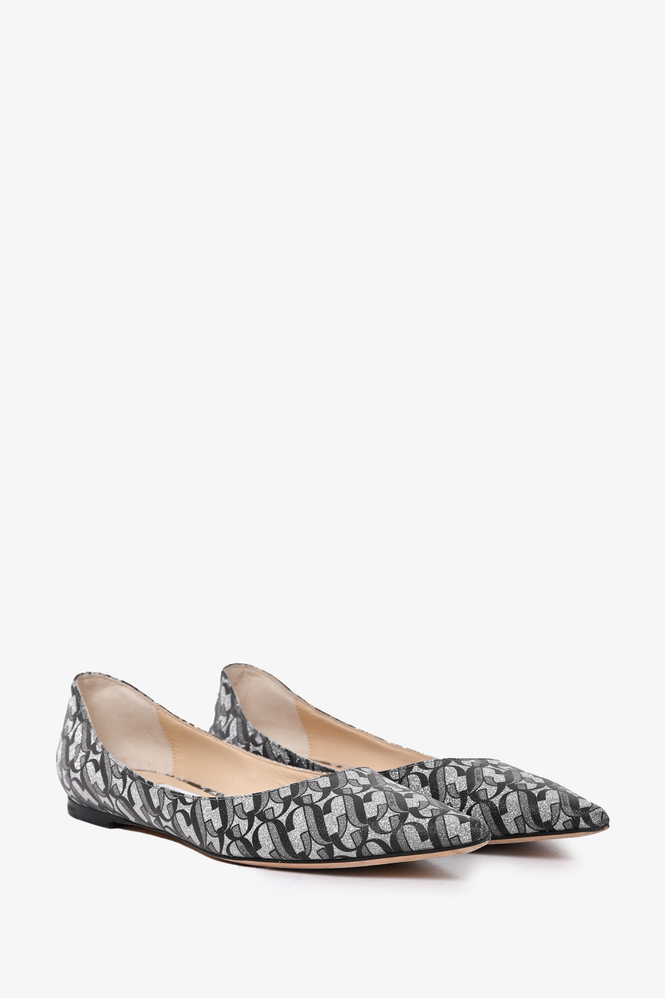 Jimmy Choo Silver Glitter Patterned Pointed Flats Size 37.5