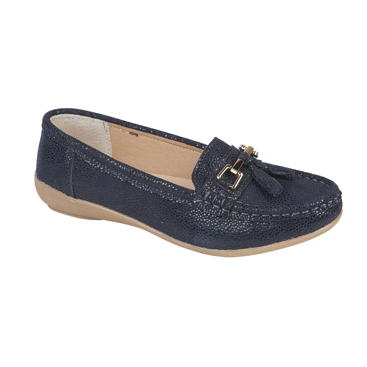 Ladies Leather Slip on Navy Shoes Tahiti Flat Jo & Joe