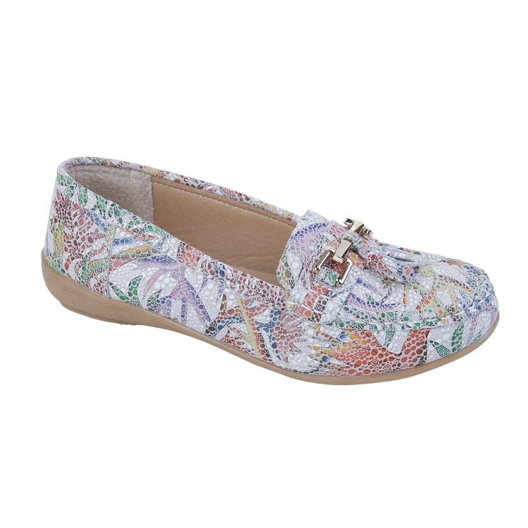 Ladies Leather Slip on White Multi Shoes Rio Flat Jo & Joe