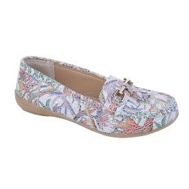 Ladies Leather Slip on White Multi Shoes Rio Flat Jo & Joe