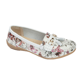 Ladies Leather Slip on White/Gold Multi Shoes Mandalay Flat Jo & Joe