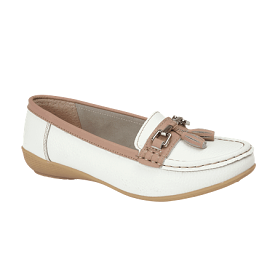 Ladies Leather Slip on White/Mocha Shoes Seafairer Flat Jo & Joe