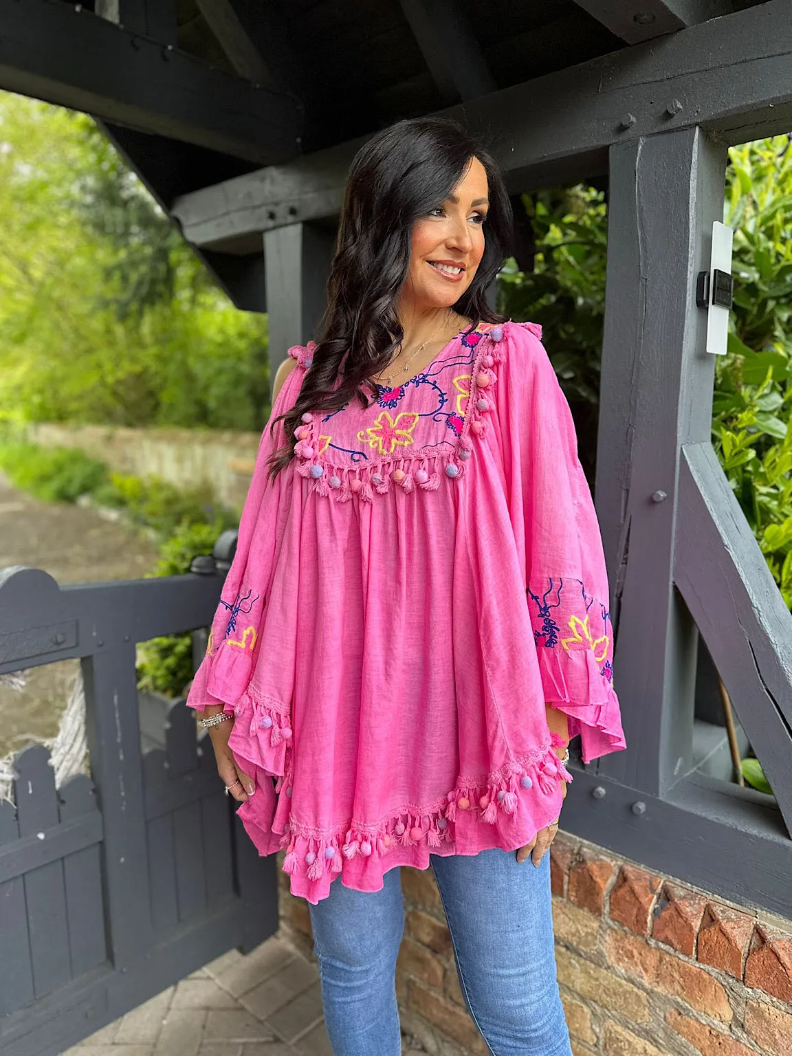 Lipstick Cold Shoulder Pom Pom Top Isabella