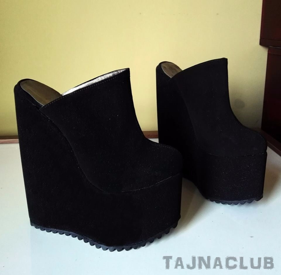 Mules Wedge Heel Black Platform High Heels Shoes