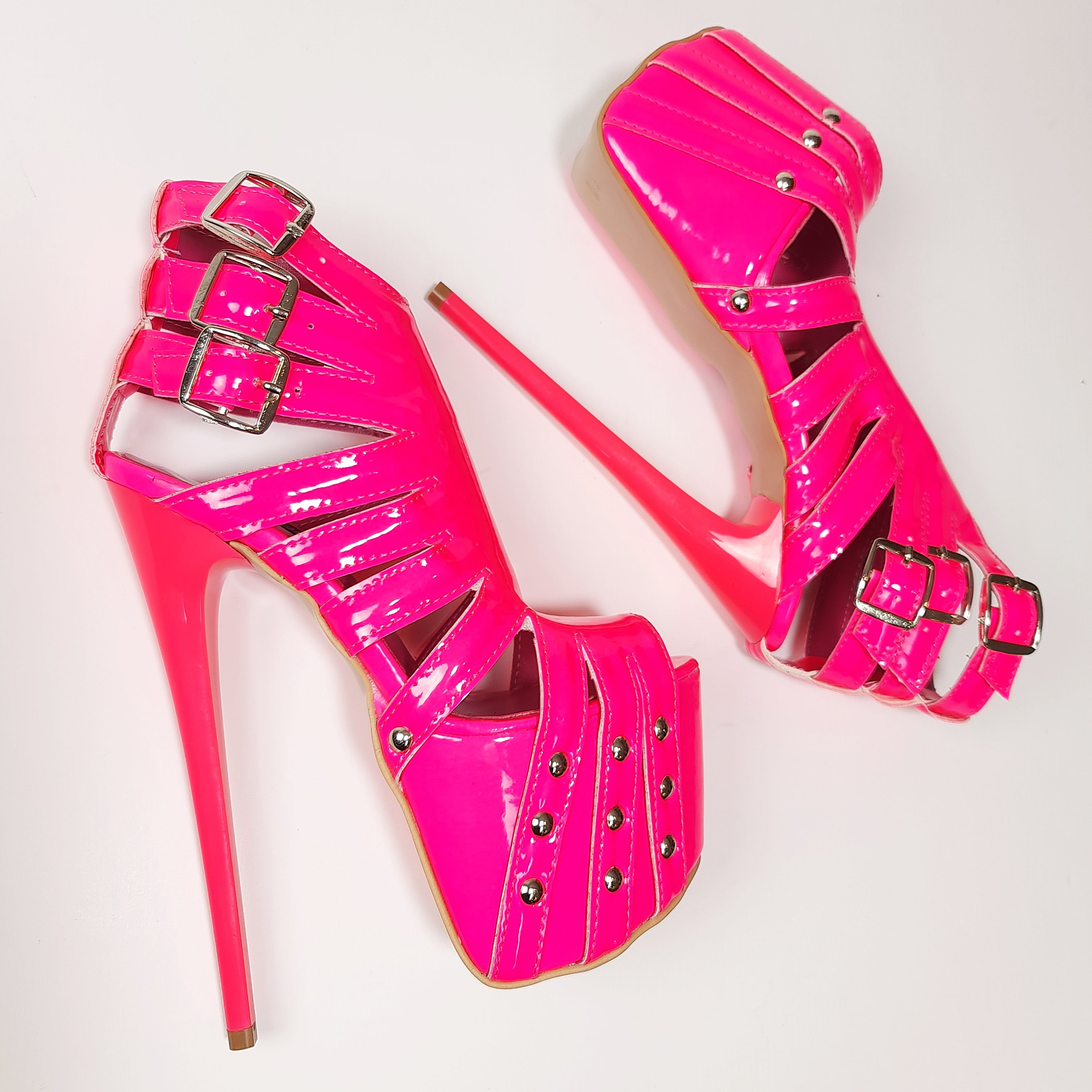 Multi Belted Pink Neon Ankle Cut Pin High Heels