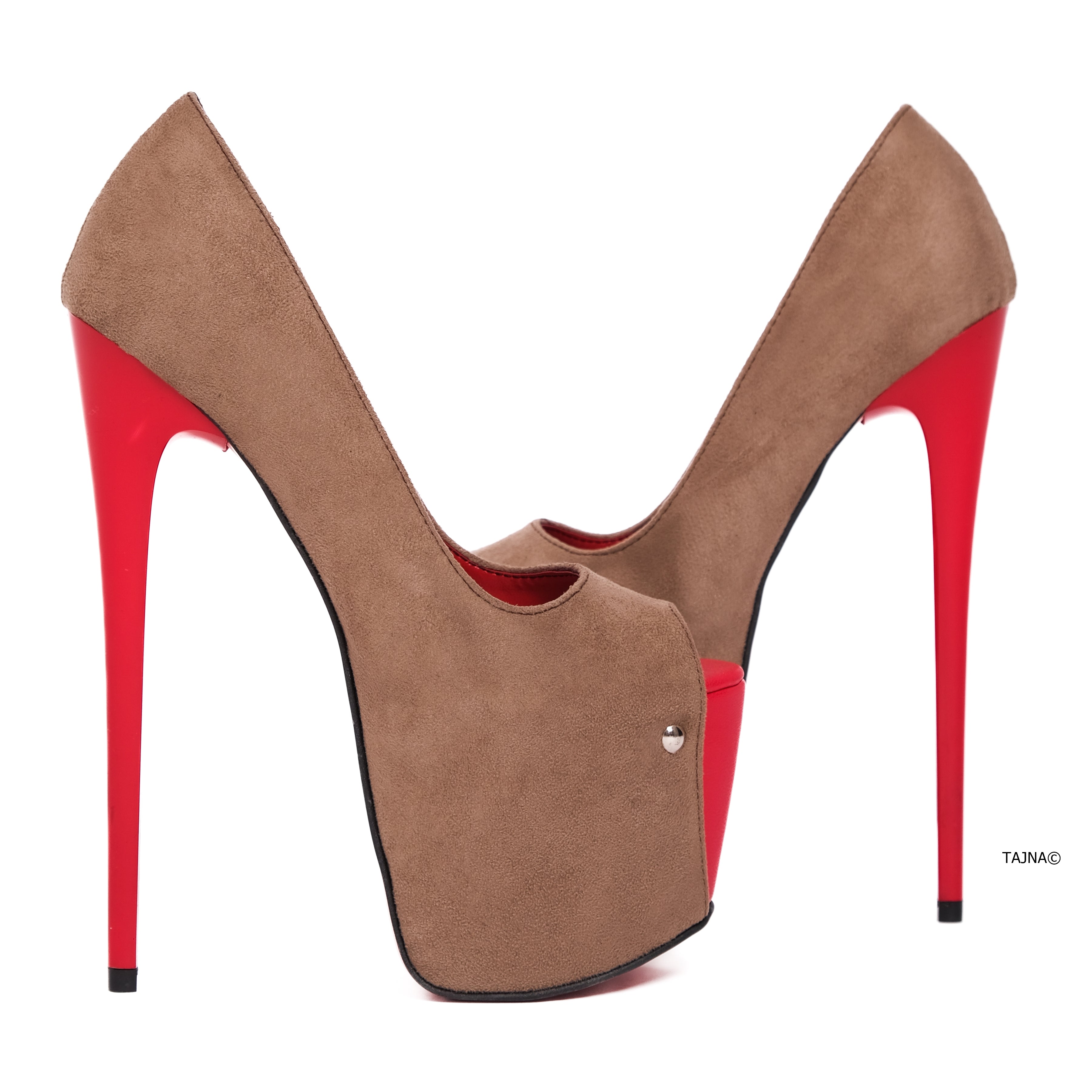 Red Detailed Beige Suede Peep Toe High Heels