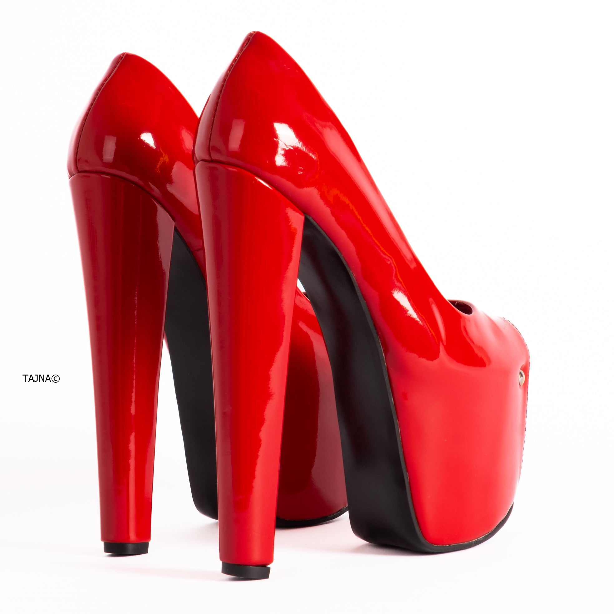 Red Gloss Peep Toe Chunky High Heels