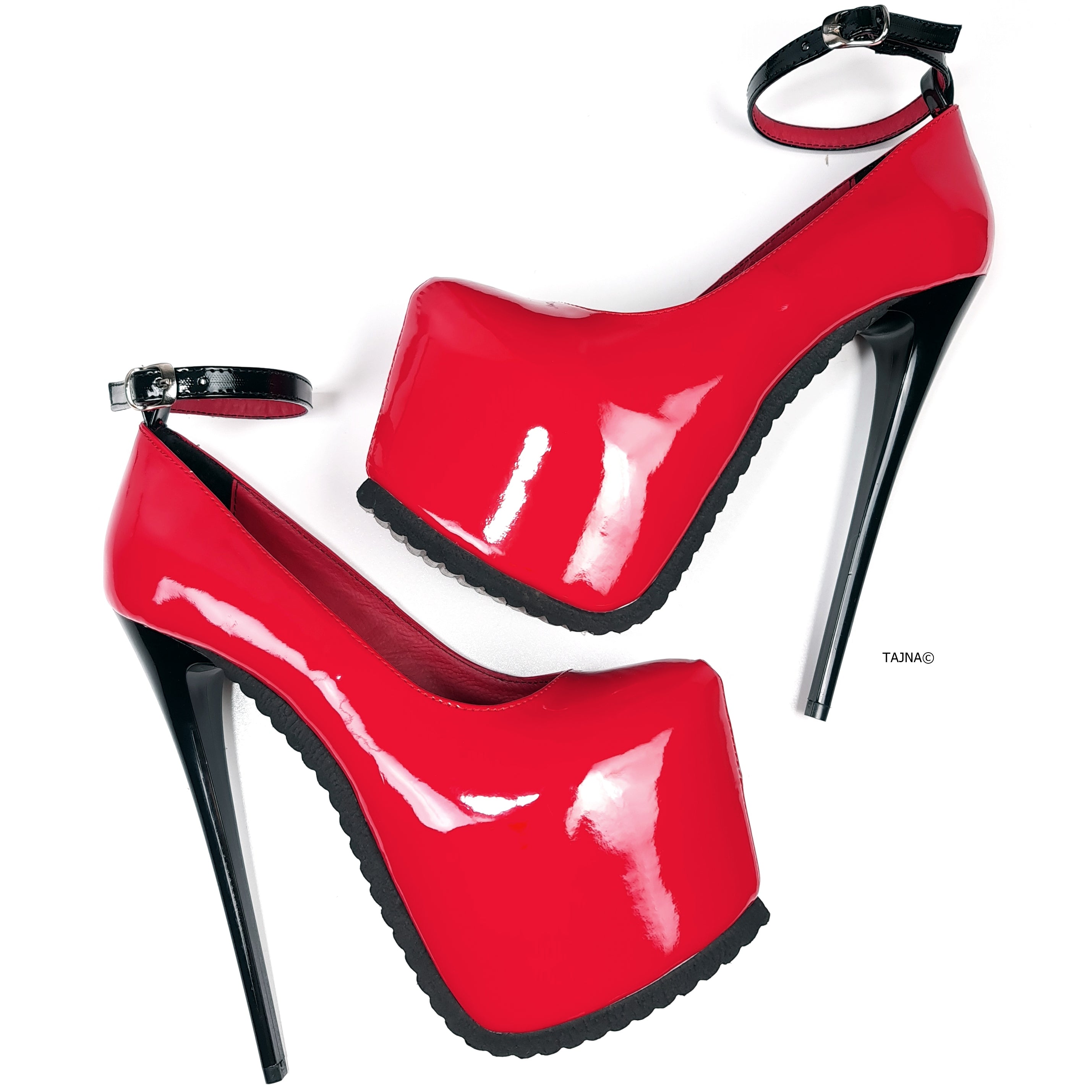 Red Gloss Serrated Sole Ankle Strap High Heels