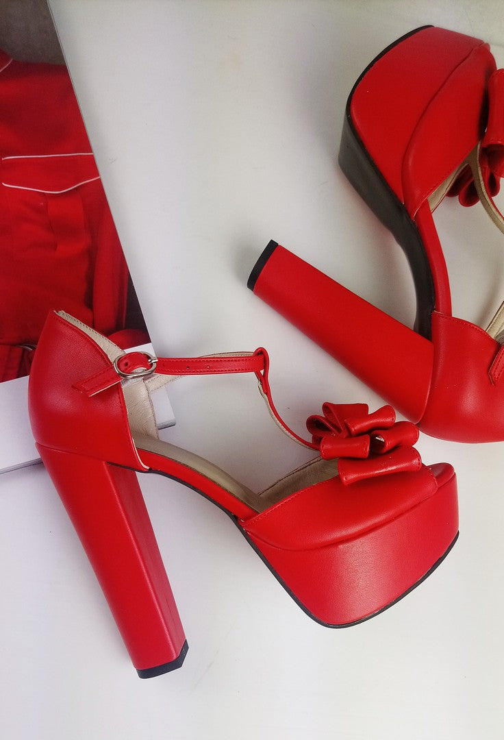 Red Ribbon Chunky High Heels