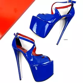 Royal Blue Gloss Ankle Cross Strap High Heels