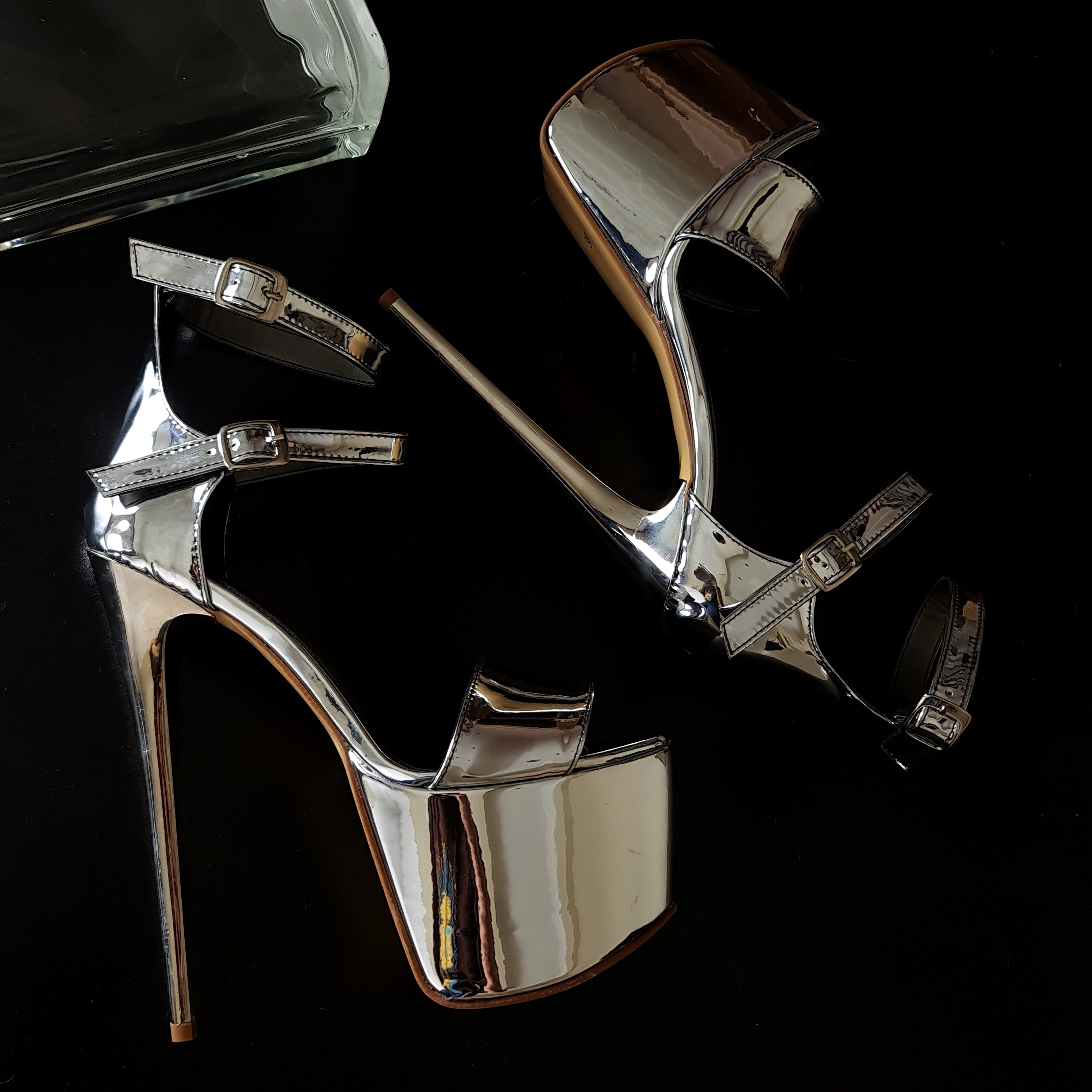 Silver Mirror Double Ankle Strap High Heels