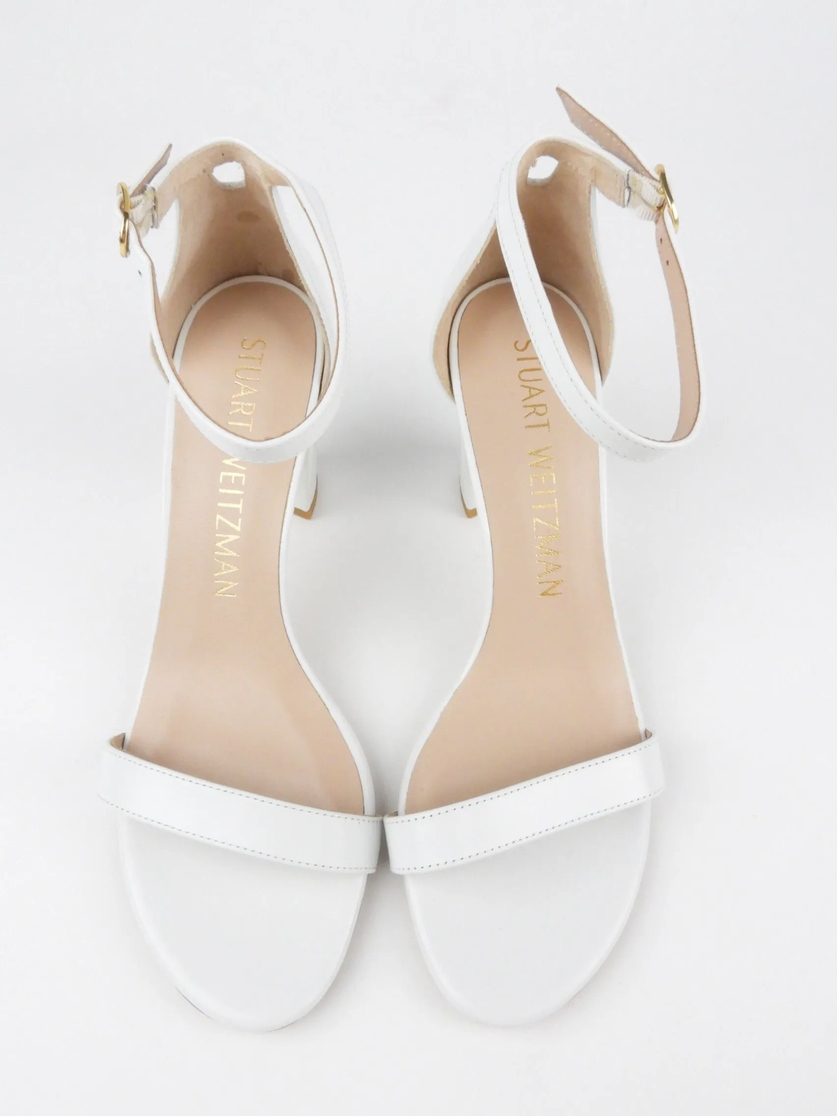 Stuart Weitzman White Smooth Calf Nearly Nude Block Heel Sandal - 8.5