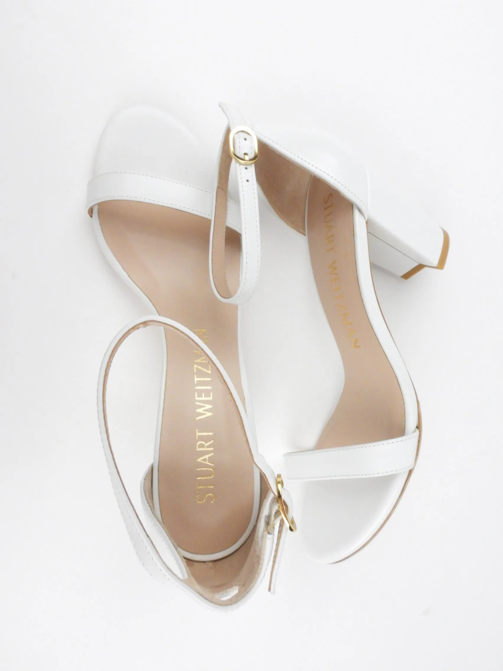 Stuart Weitzman White Smooth Calf Nearly Nude Block Heel Sandal - 8.5