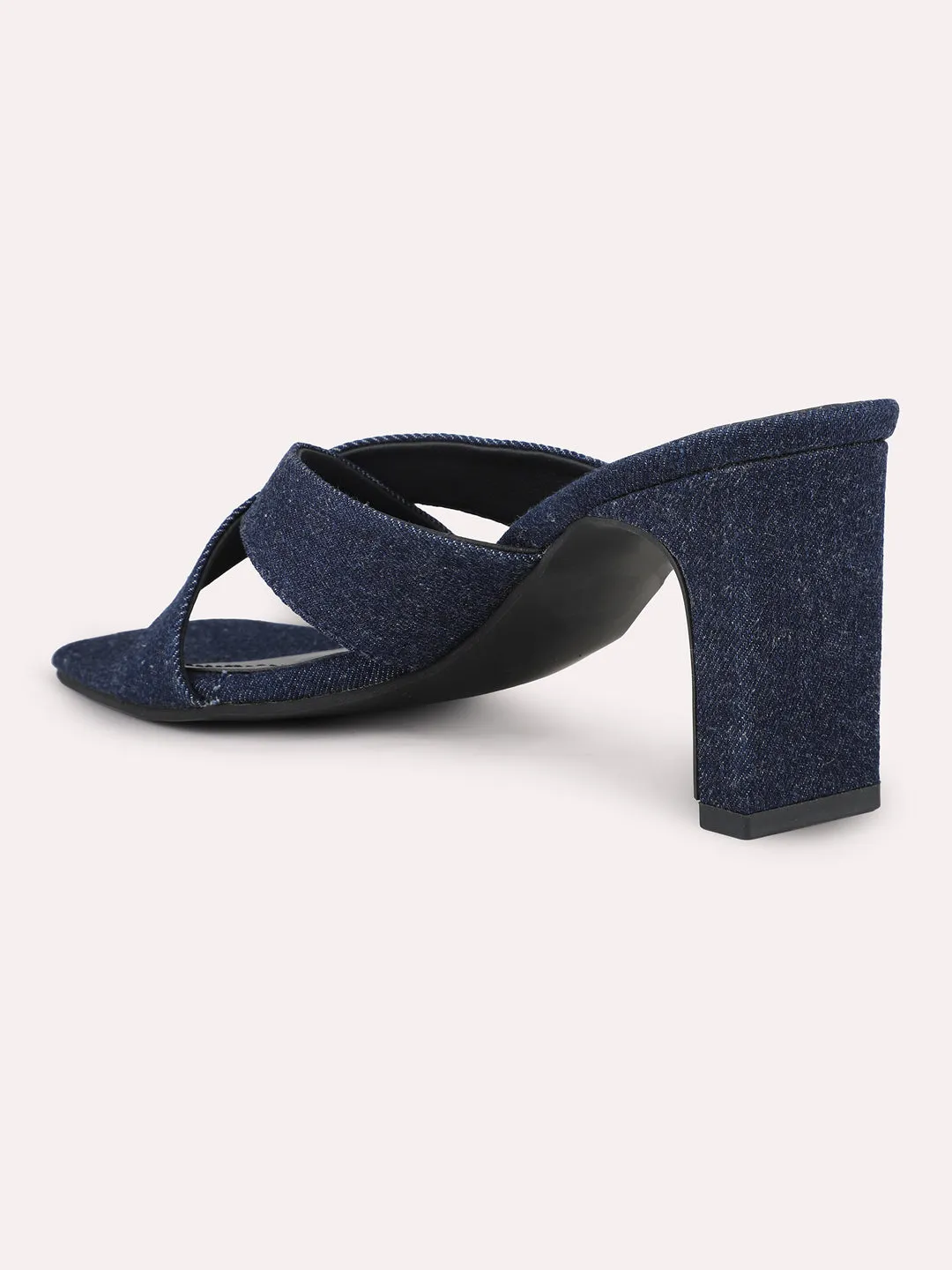 Women Navy Denim Criss-Cross Strap Block Heels